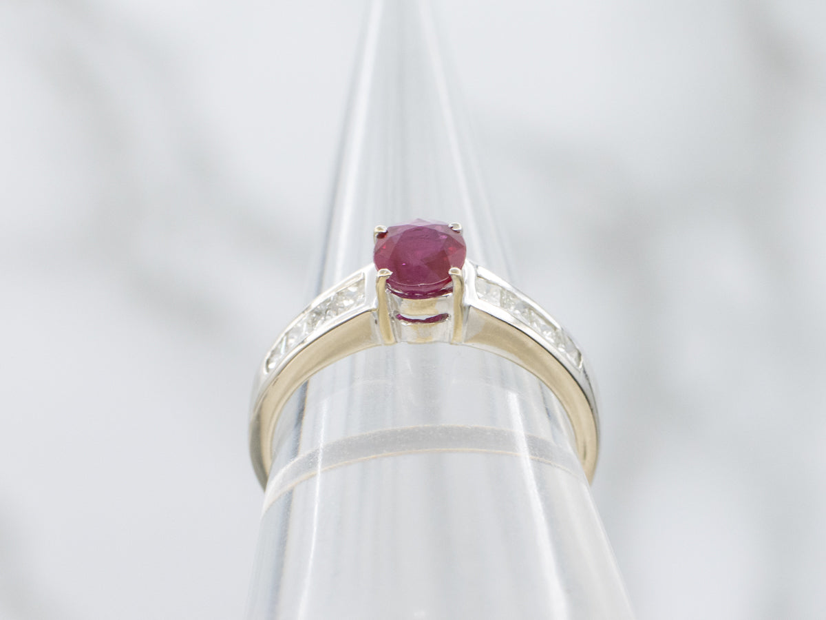 Modern Ruby 18-Karat White Gold Engagement Ring with Princess Cut Diamond Accents