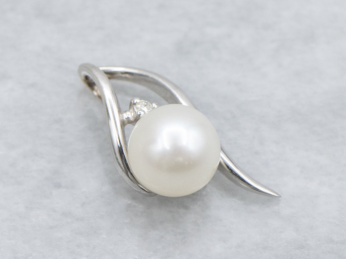Saltwater Pearl and Diamond Modern White Gold Pendant
