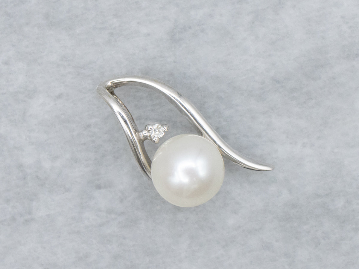 Saltwater Pearl and Diamond Modern White Gold Pendant