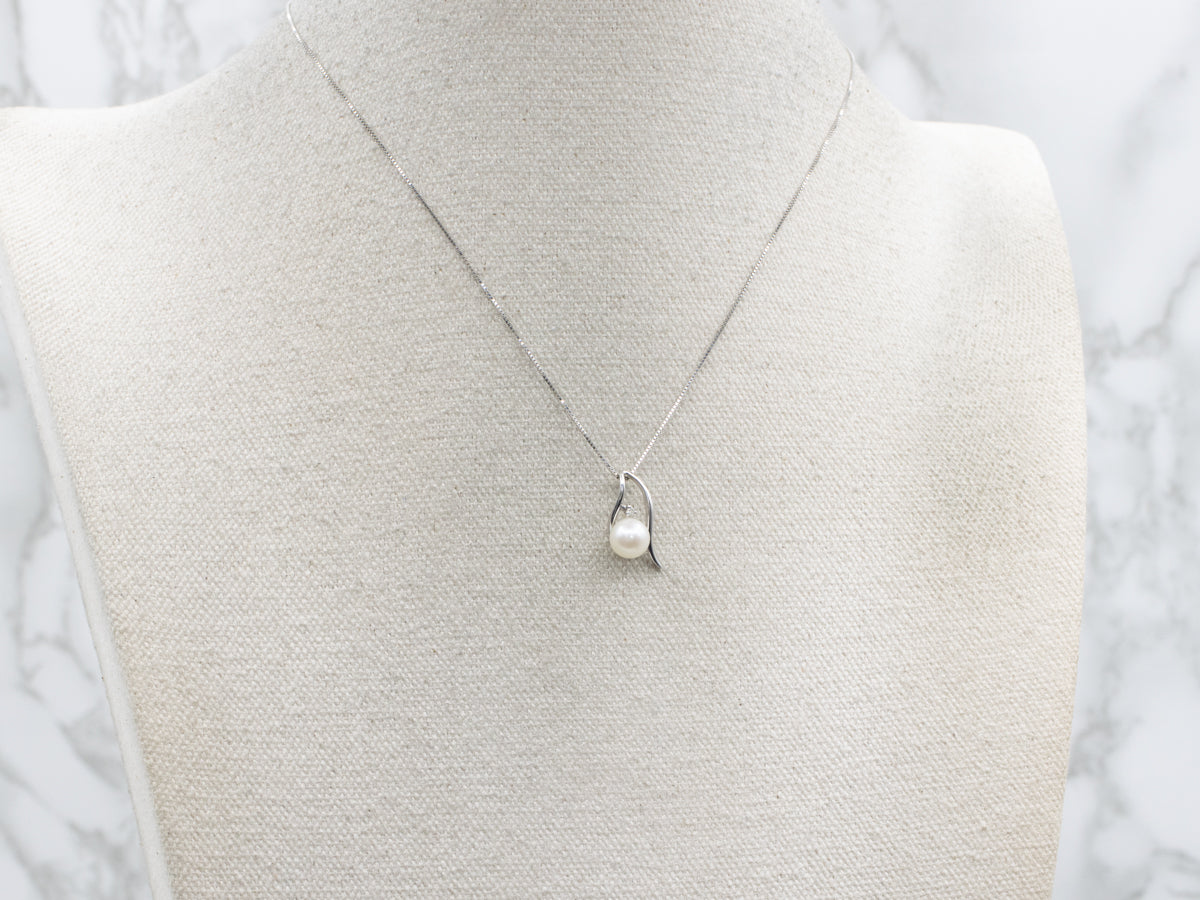 Saltwater Pearl and Diamond Modern White Gold Pendant