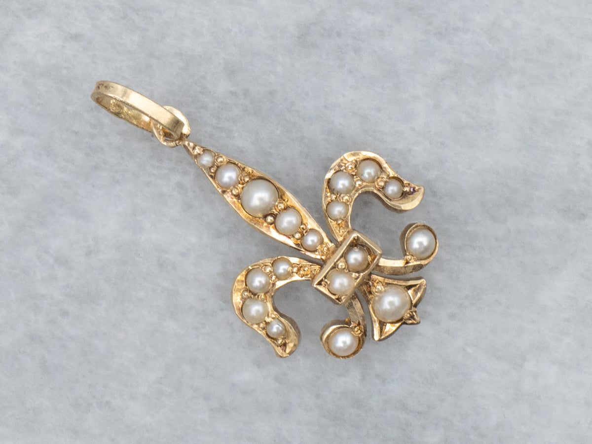 Seed Pearl Fleur de Lis Antique Stickpin Conversion Pendant
