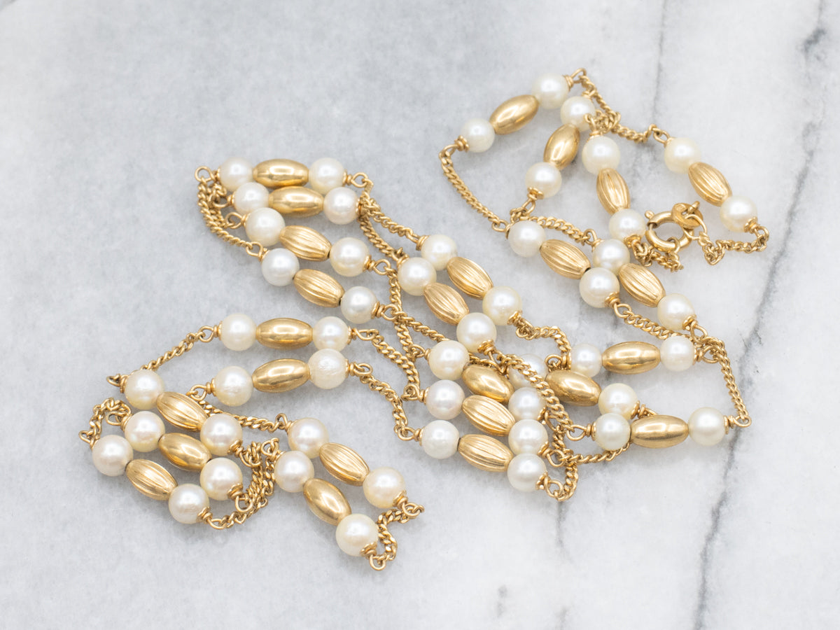 Vintage Saltwater Pearl and Gold Beads Curb-Link Station Chain Necklace