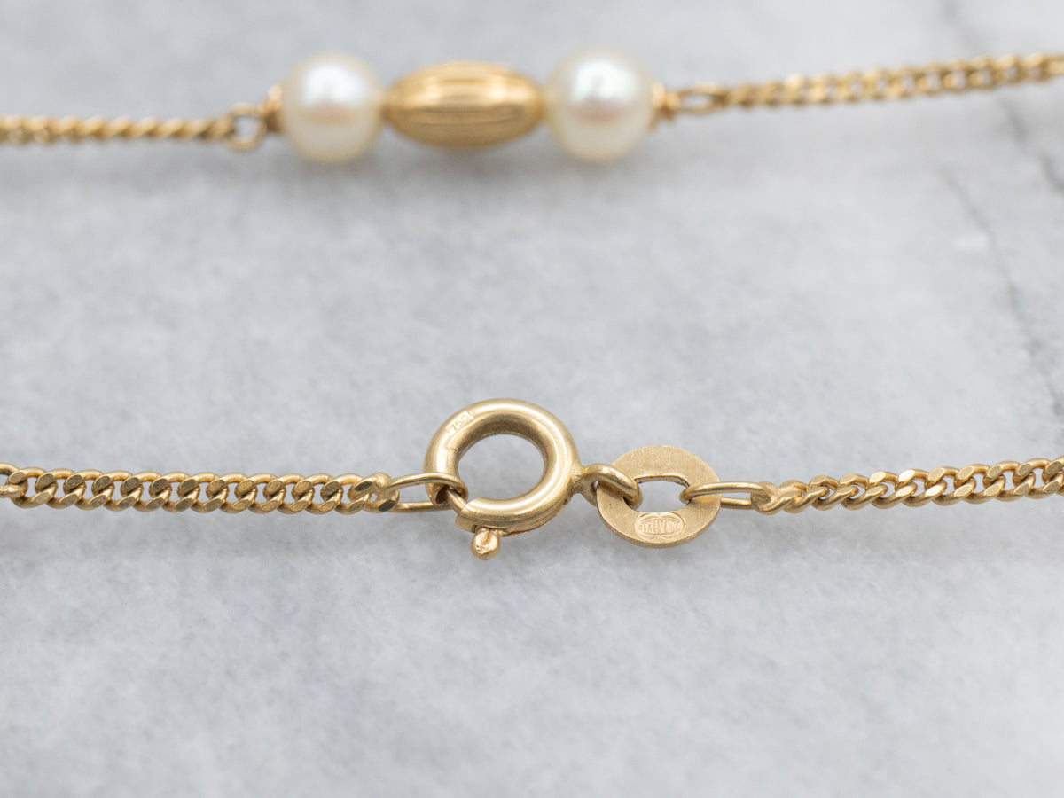 Vintage Saltwater Pearl and Gold Beads Curb-Link Station Chain Necklace