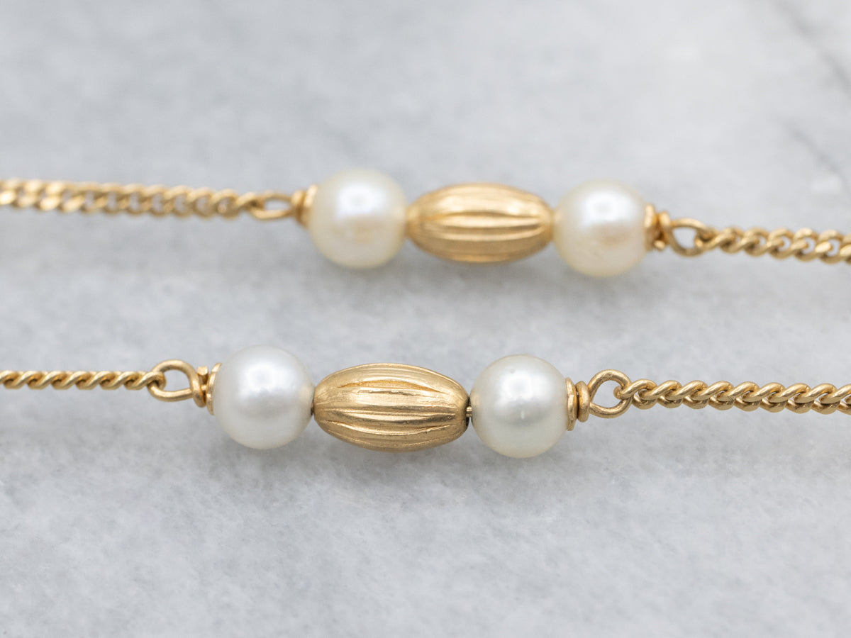 Vintage Saltwater Pearl and Gold Beads Curb-Link Station Chain Necklace