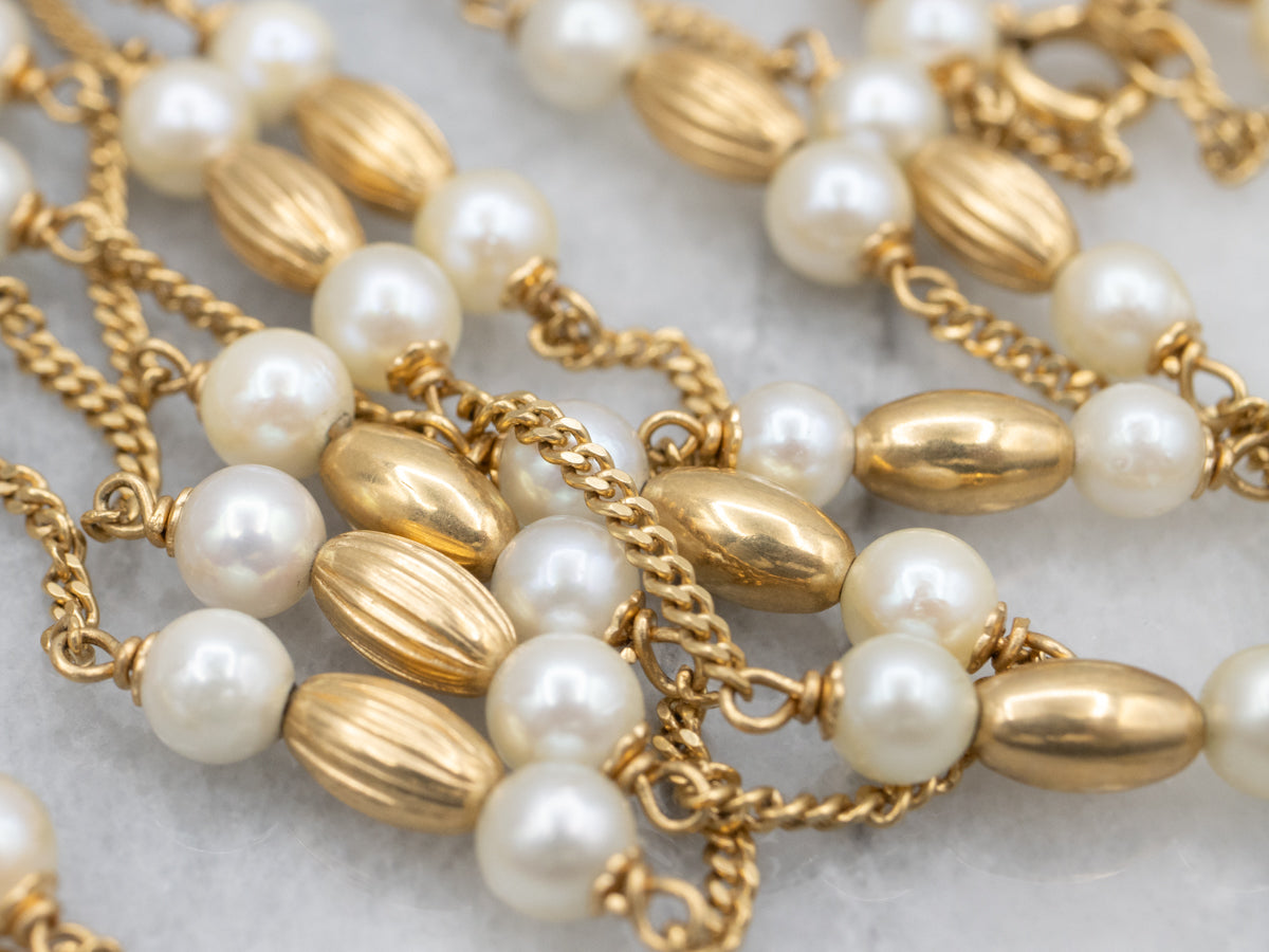 Vintage Saltwater Pearl and Gold Beads Curb-Link Station Chain Necklace