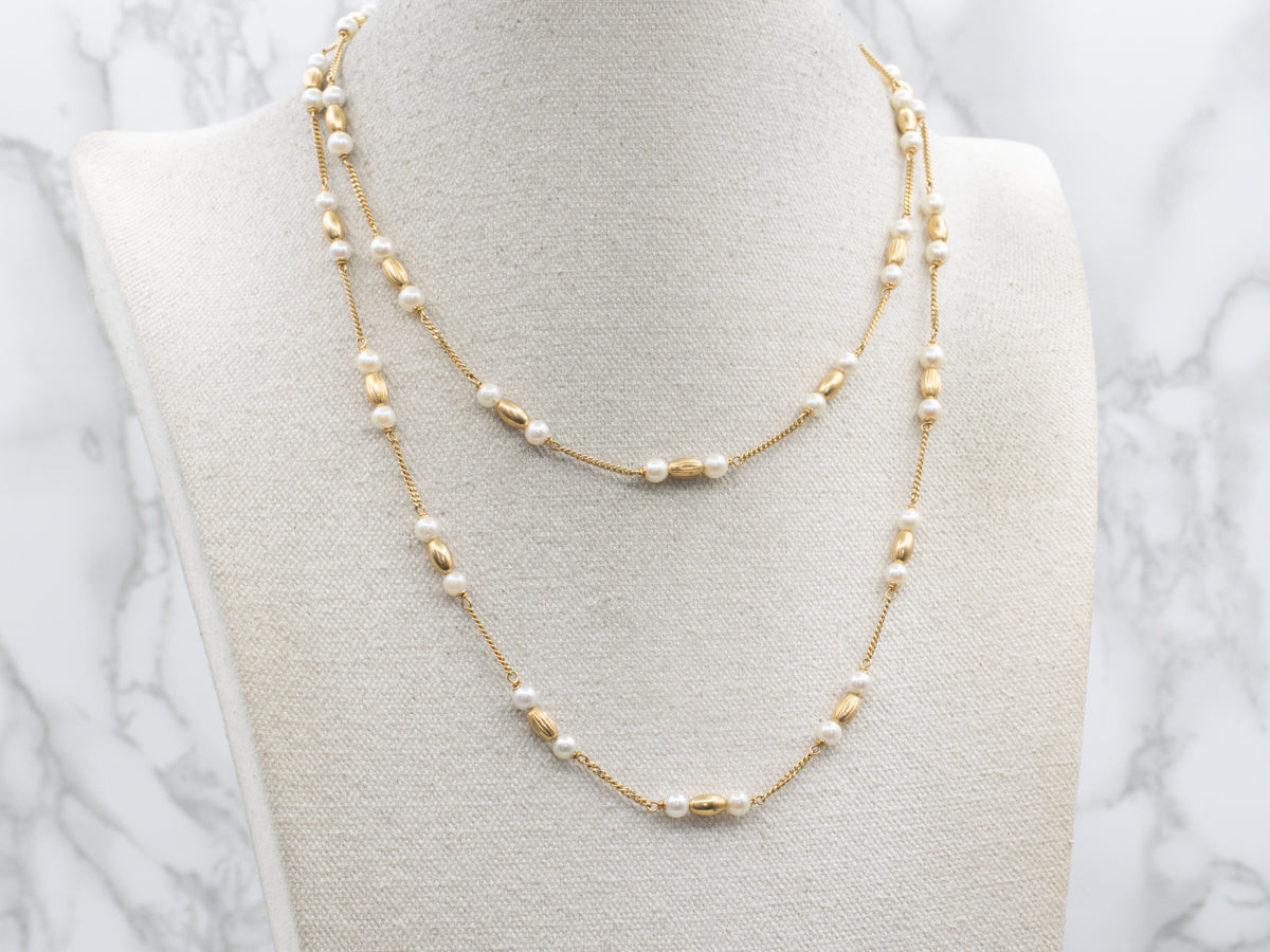 Vintage Saltwater Pearl and Gold Beads Curb-Link Station Chain Necklace