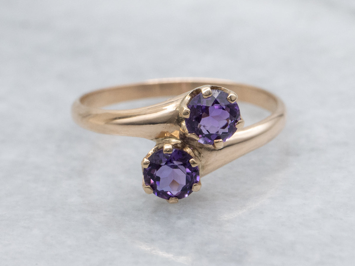 Double Amethyst Antique Rose Gold Bypass Ring