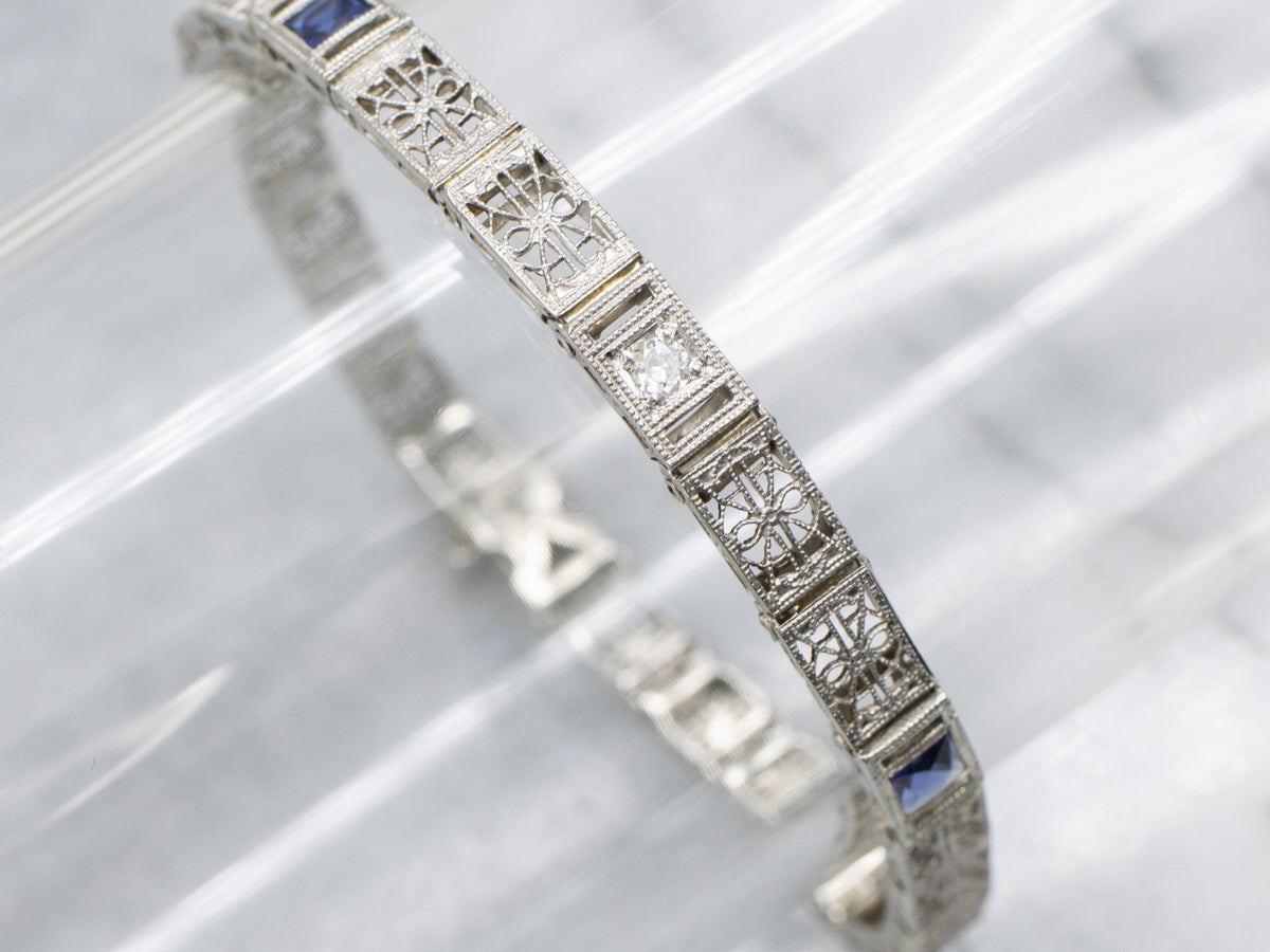 1920s Old Mine Cut Diamond and Synthetic Sapphire Gold Filigree Link Bracelet
