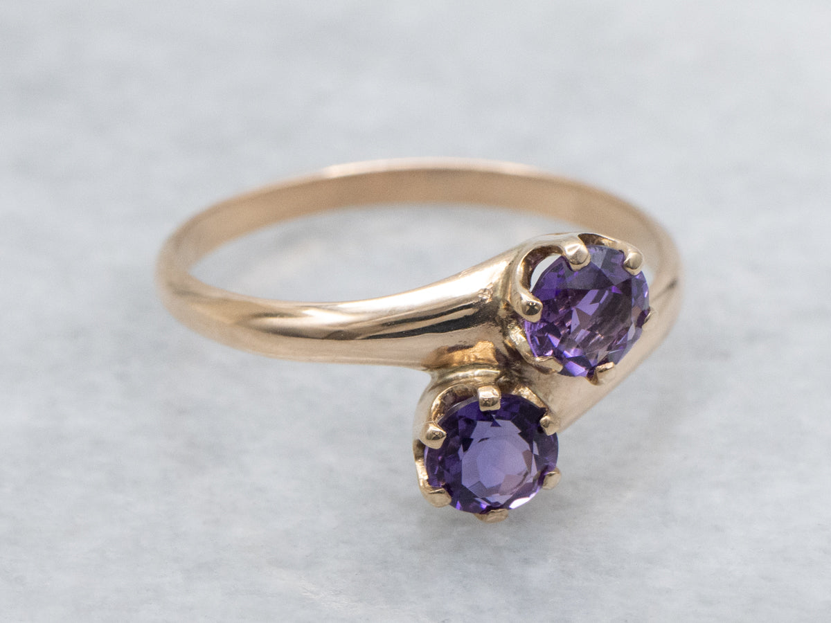 Double Amethyst Antique Rose Gold Bypass Ring