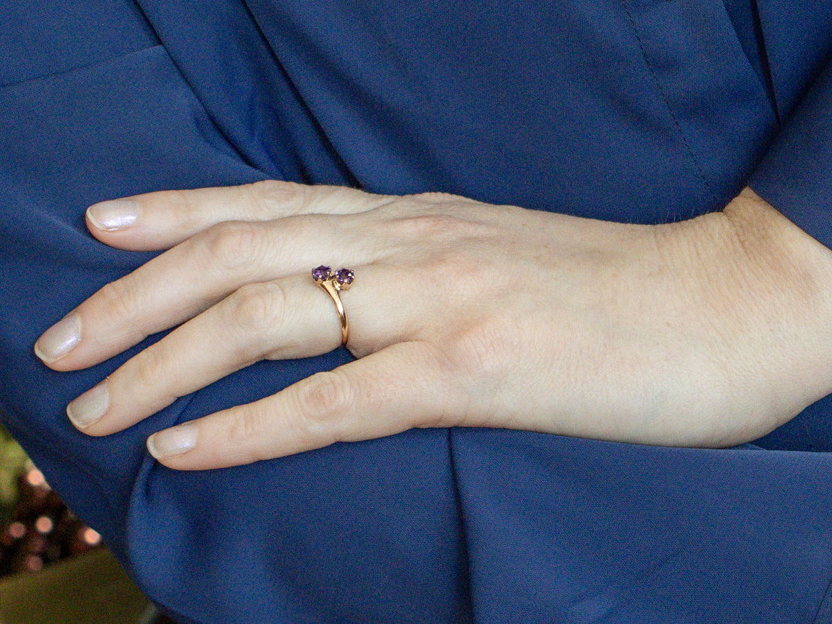Double Amethyst Antique Rose Gold Bypass Ring