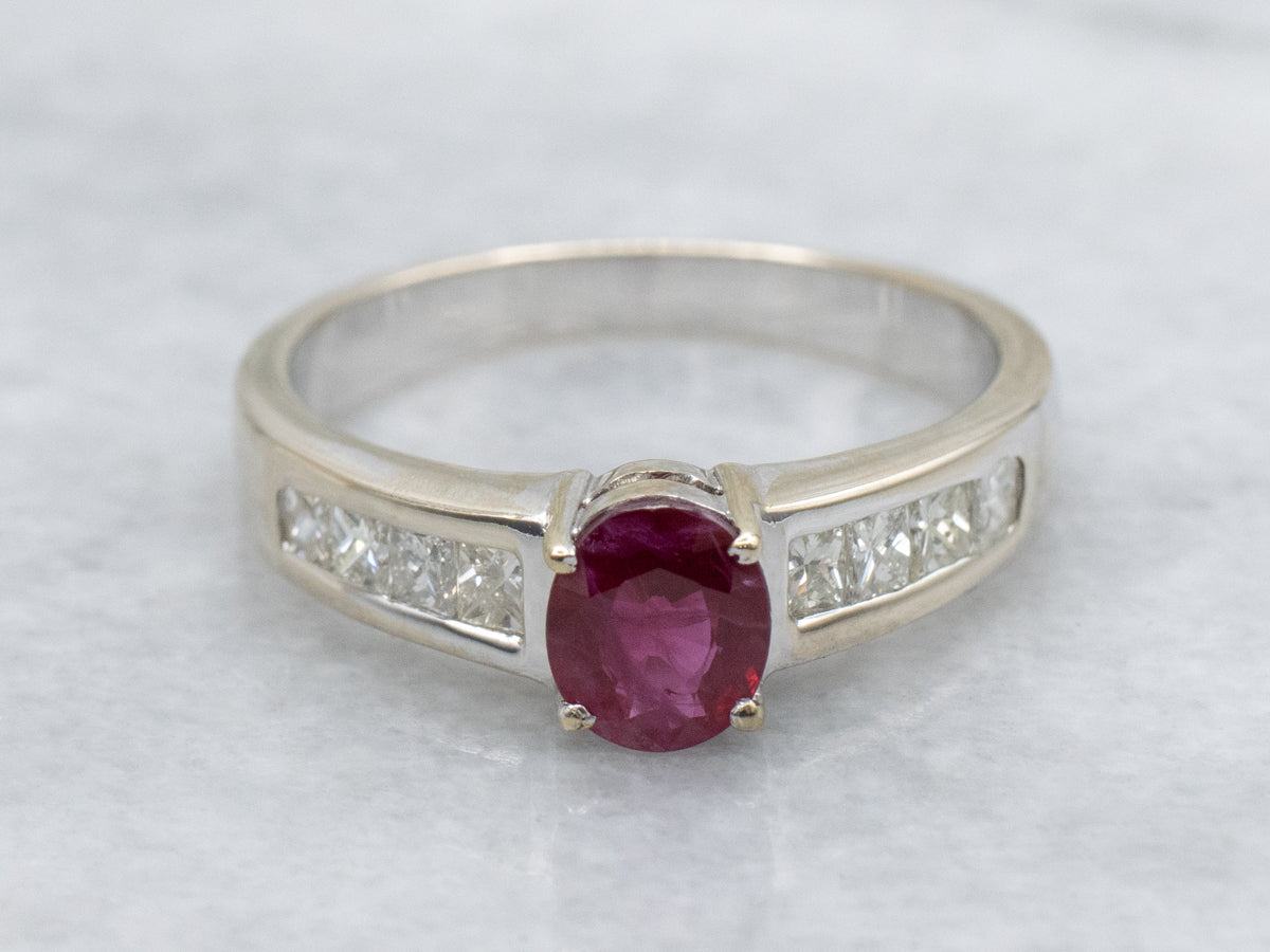 Modern Ruby 18-Karat White Gold Engagement Ring with Princess Cut Diamond Accents