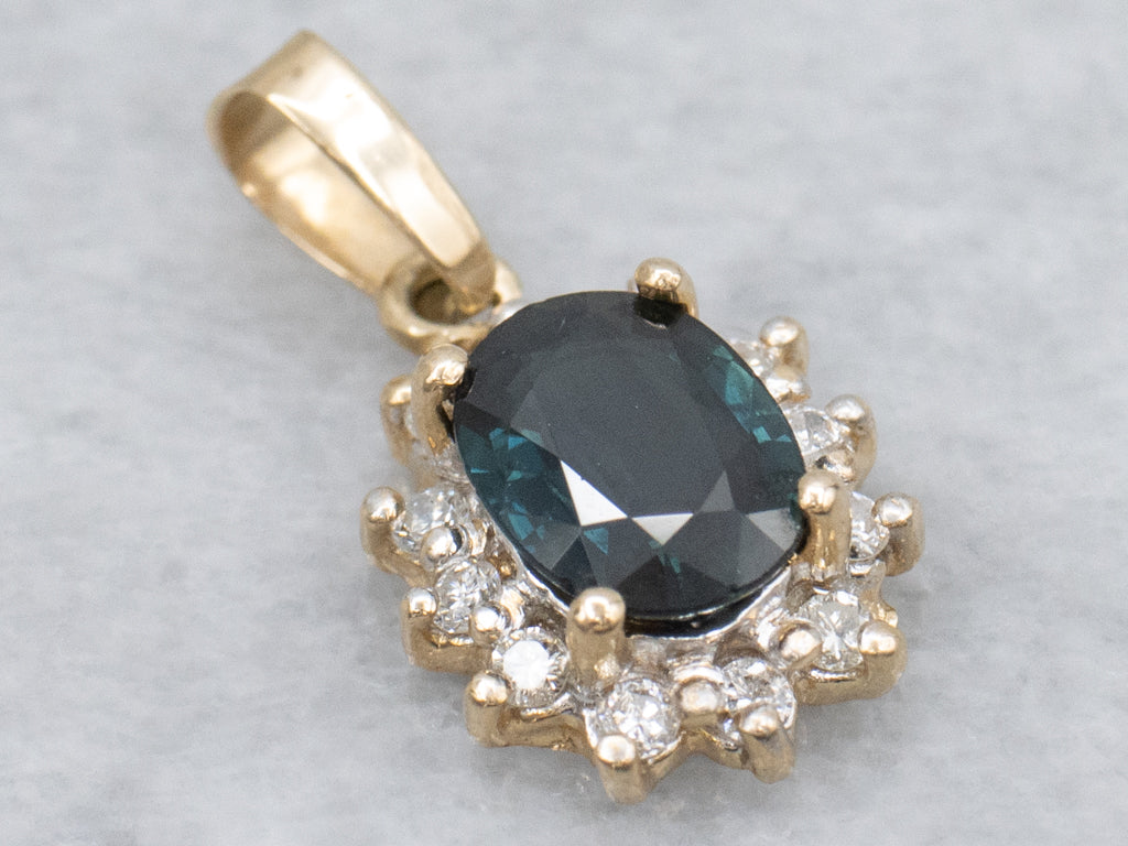 Classic Sapphire and Diamond Halo Yellow Gold Pendant