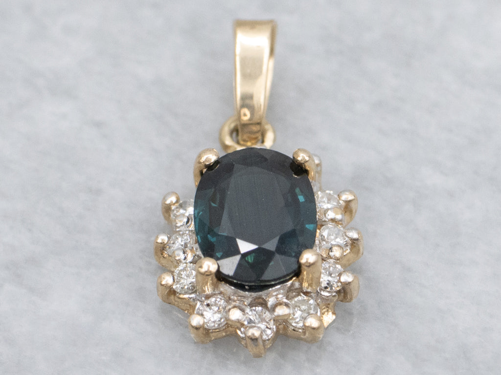 Classic Sapphire and Diamond Halo Yellow Gold Pendant