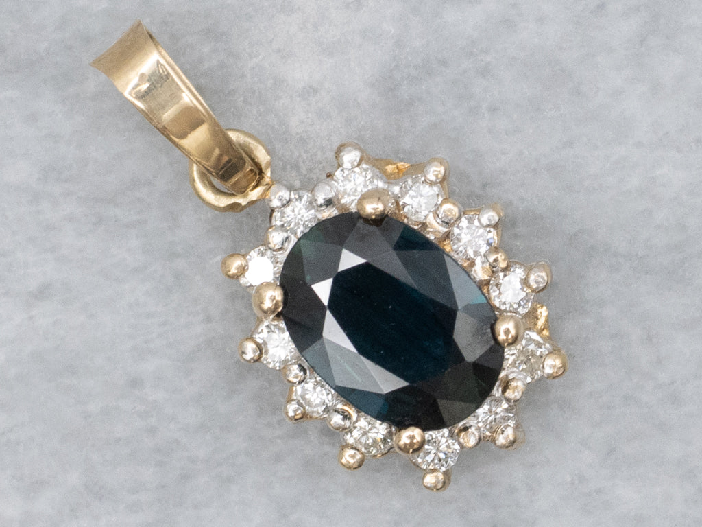 Classic Sapphire and Diamond Halo Yellow Gold Pendant