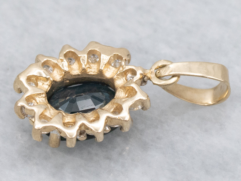 Classic Sapphire and Diamond Halo Yellow Gold Pendant