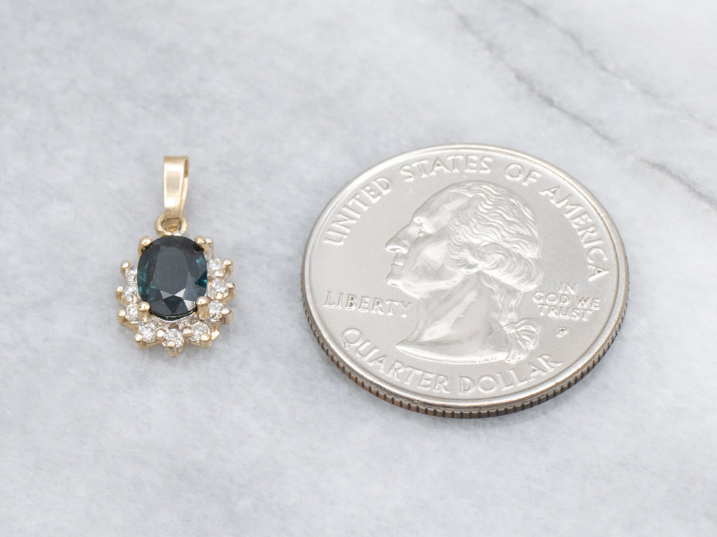 Classic Sapphire and Diamond Halo Yellow Gold Pendant