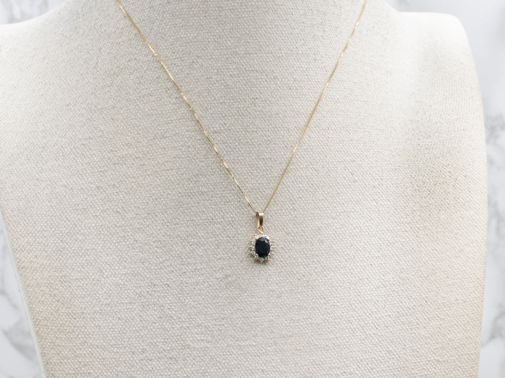 Classic Sapphire and Diamond Halo Yellow Gold Pendant