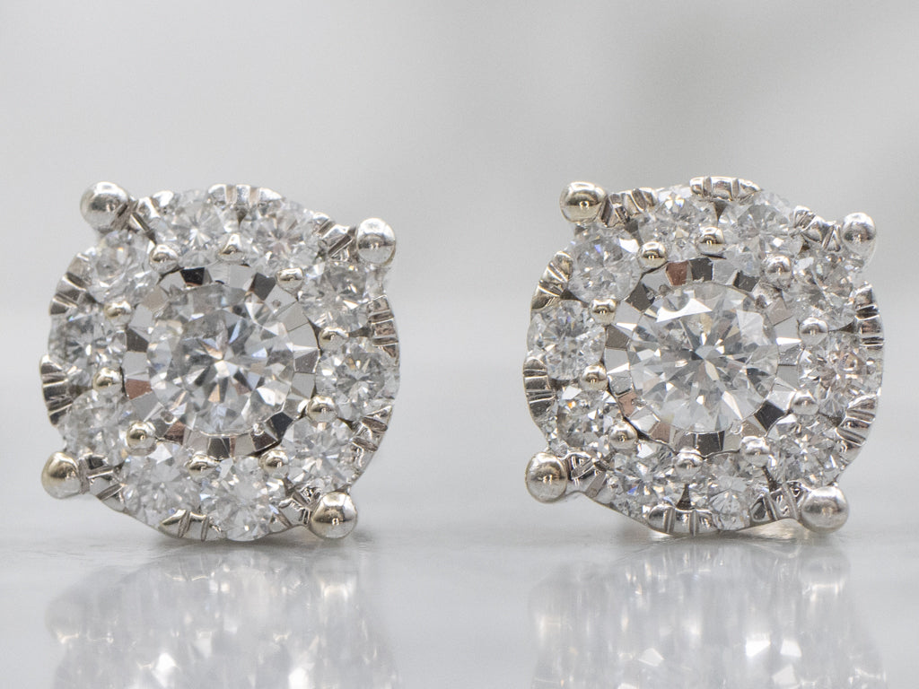 Round-Brilliant Diamond Halo Cluster Stud Earrings