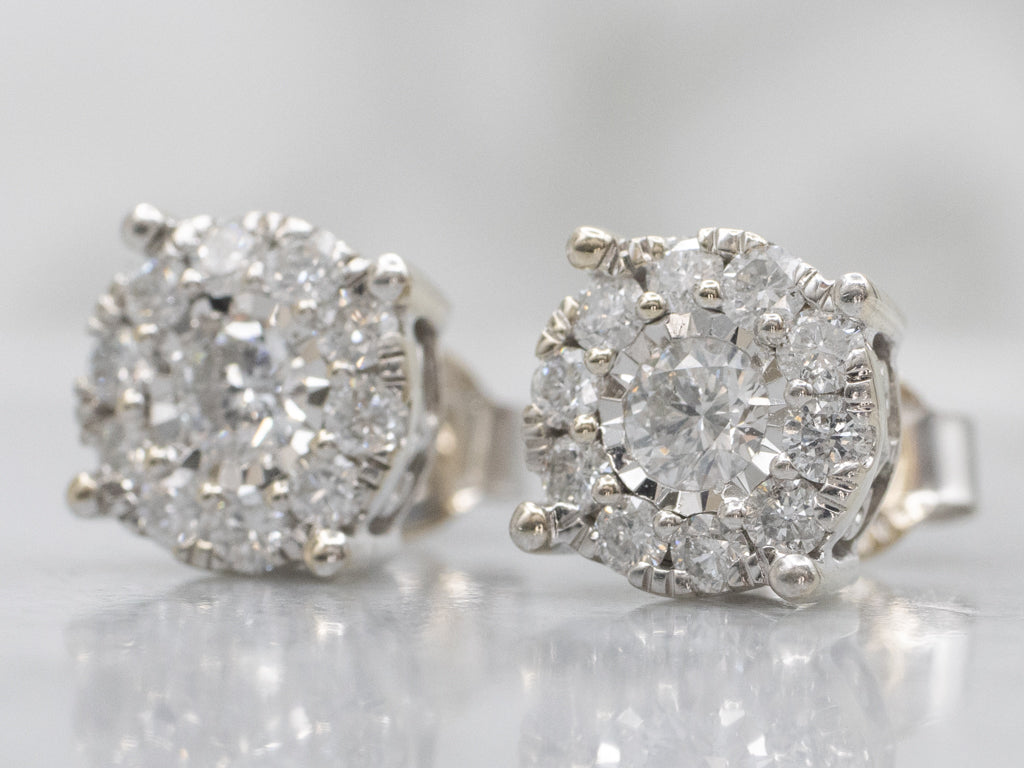 Round-Brilliant Diamond Halo Cluster Stud Earrings