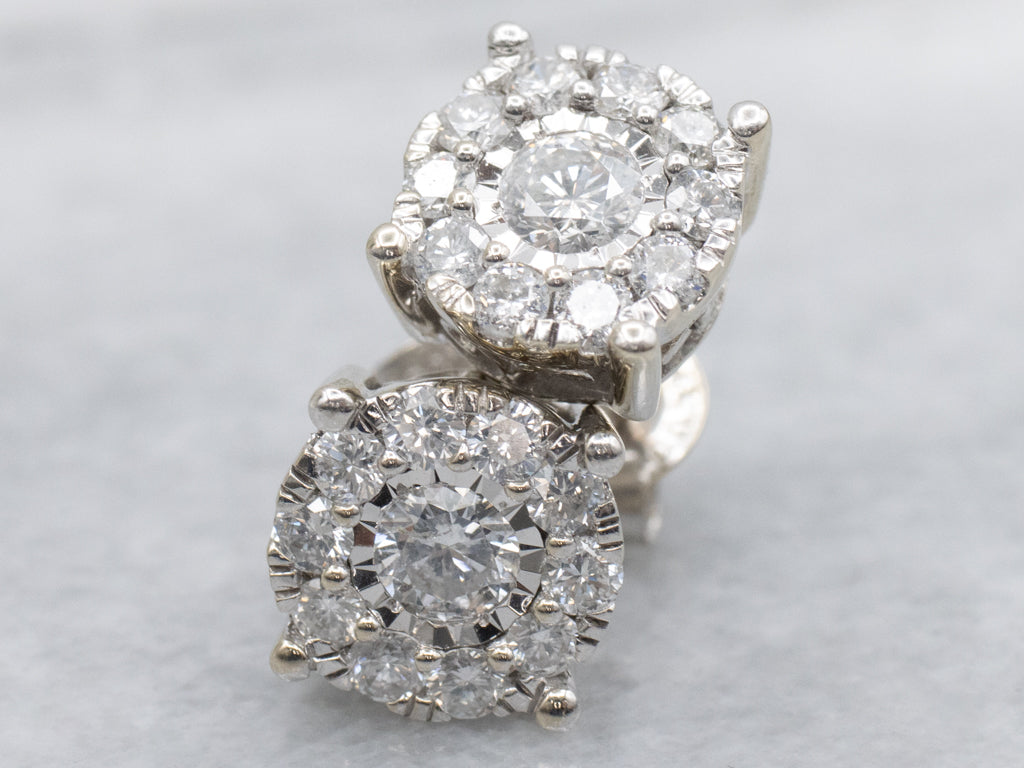 Round-Brilliant Diamond Halo Cluster Stud Earrings