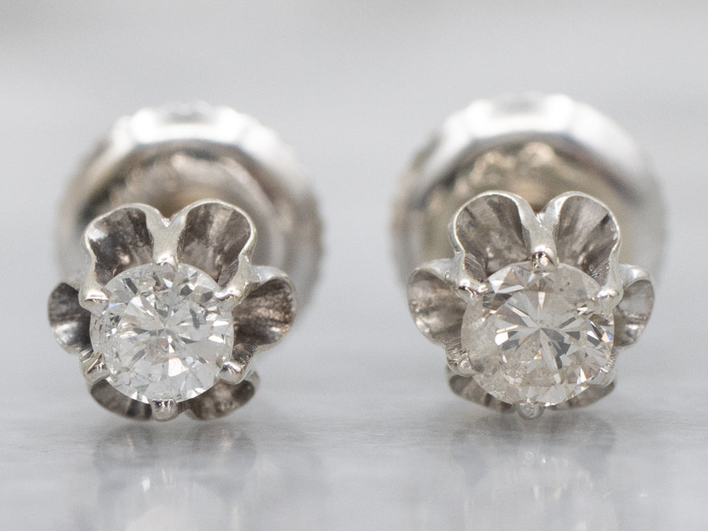 Vintage Buttercup-Set White Gold Diamond Stud Earrings