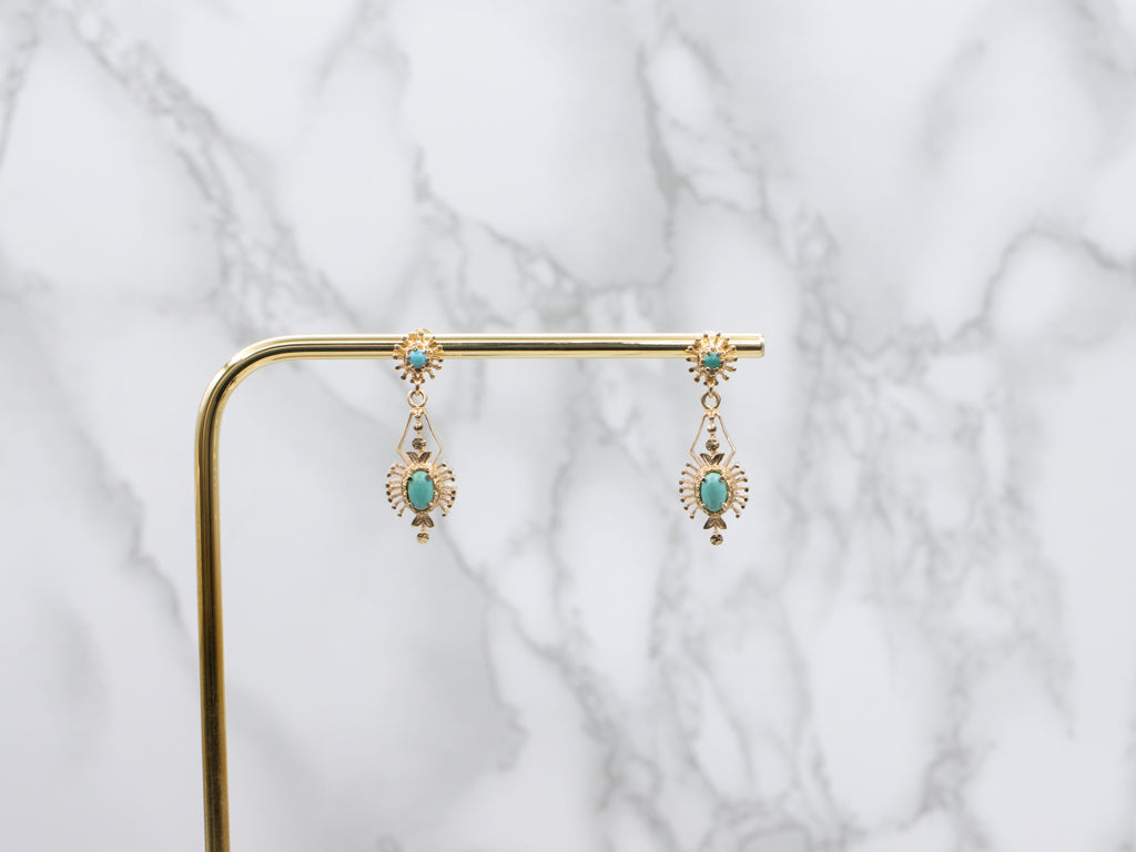 Victorian-Revival Turquoise and Gold Drop Earrings