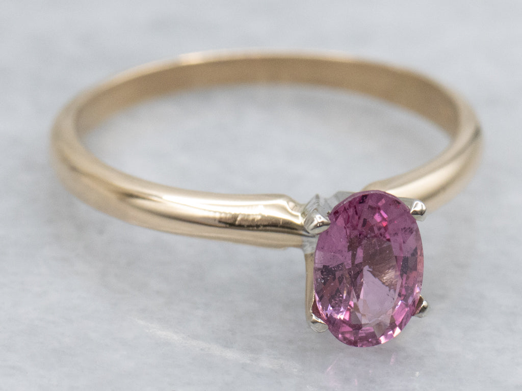 Pretty Pink Spinel Solitaire Ring in Two-Tone Gold Setting