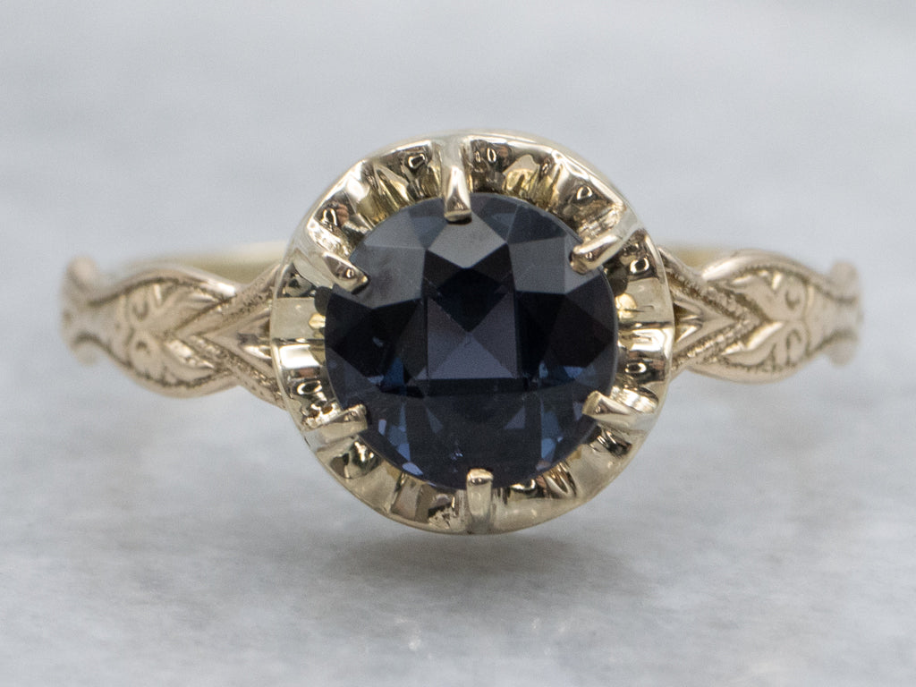 Blue Spinel Engraved Antique Gold Solitaire Ring