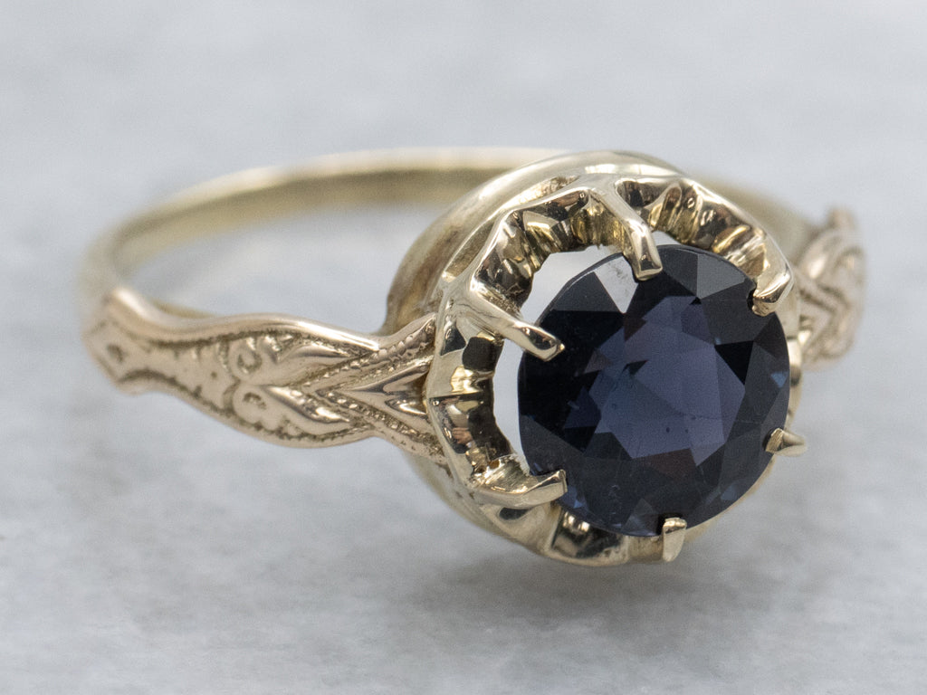 Blue Spinel Engraved Antique Gold Solitaire Ring