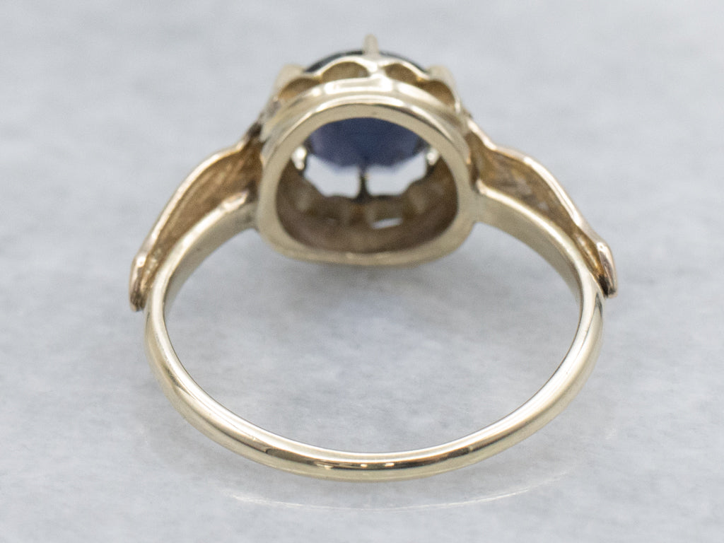 Blue Spinel Engraved Antique Gold Solitaire Ring