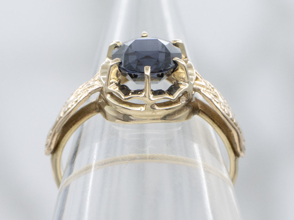Blue Spinel Engraved Antique Gold Solitaire Ring
