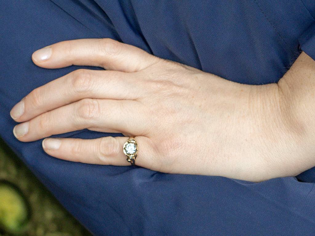 Blue Zircon Solitaire in Vintage Scrolling Gold Ring