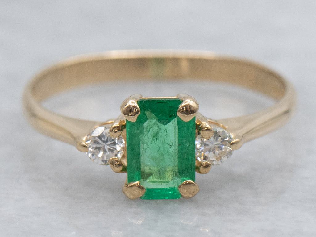 Emerald and Diamond Yellow Gold Three Stone Ring