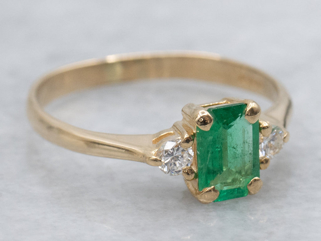 Emerald and Diamond Yellow Gold Three Stone Ring