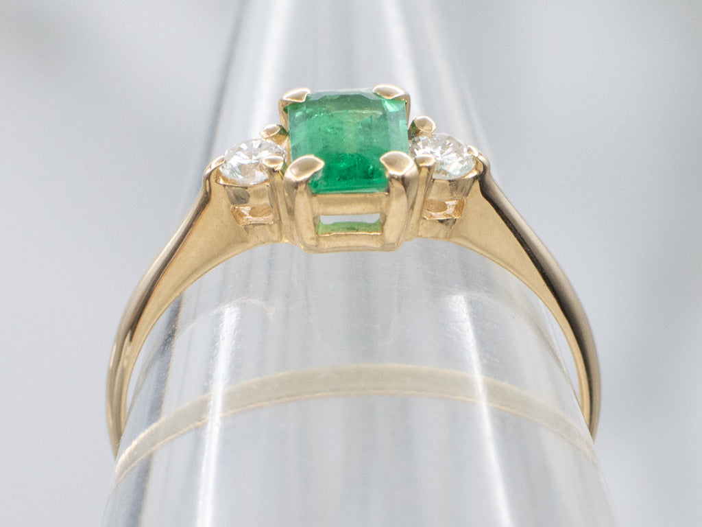Emerald and Diamond Yellow Gold Three Stone Ring