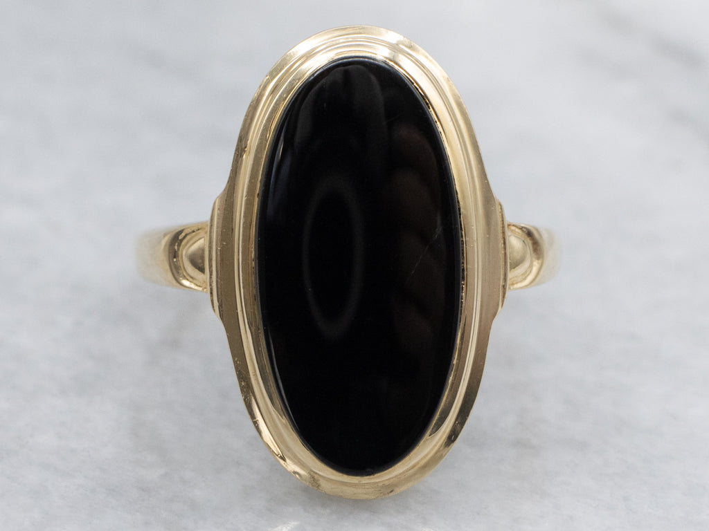 Vintage Gold Elongated Bezel-Set Black Onyx Cabochon Ring