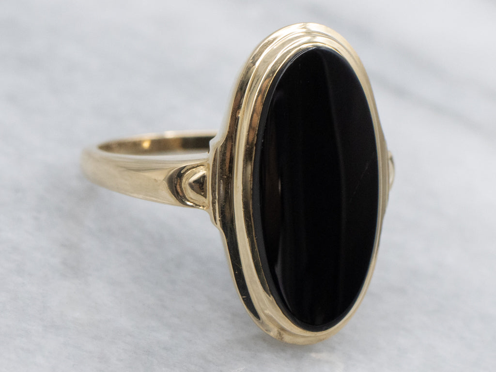 Vintage Gold Elongated Bezel-Set Black Onyx Cabochon Ring