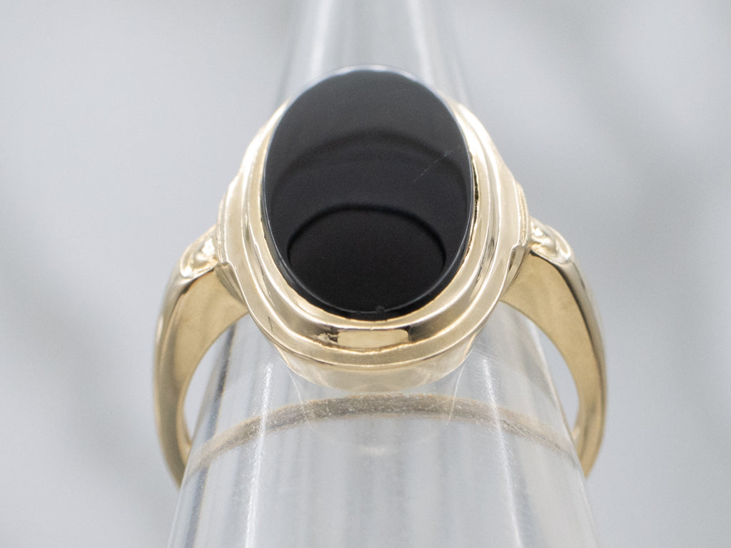 Vintage Gold Elongated Bezel-Set Black Onyx Cabochon Ring