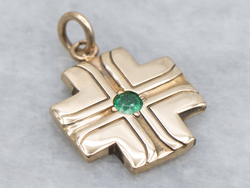Unisex Emerald and Yellow Gold Square Cross Pendant