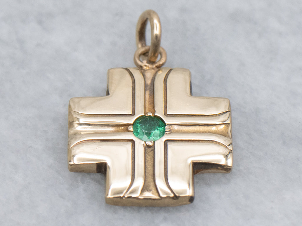 Unisex Emerald and Yellow Gold Square Cross Pendant