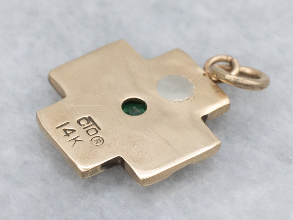 Unisex Emerald and Yellow Gold Square Cross Pendant