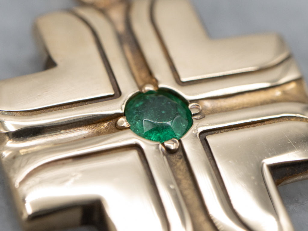 Unisex Emerald and Yellow Gold Square Cross Pendant