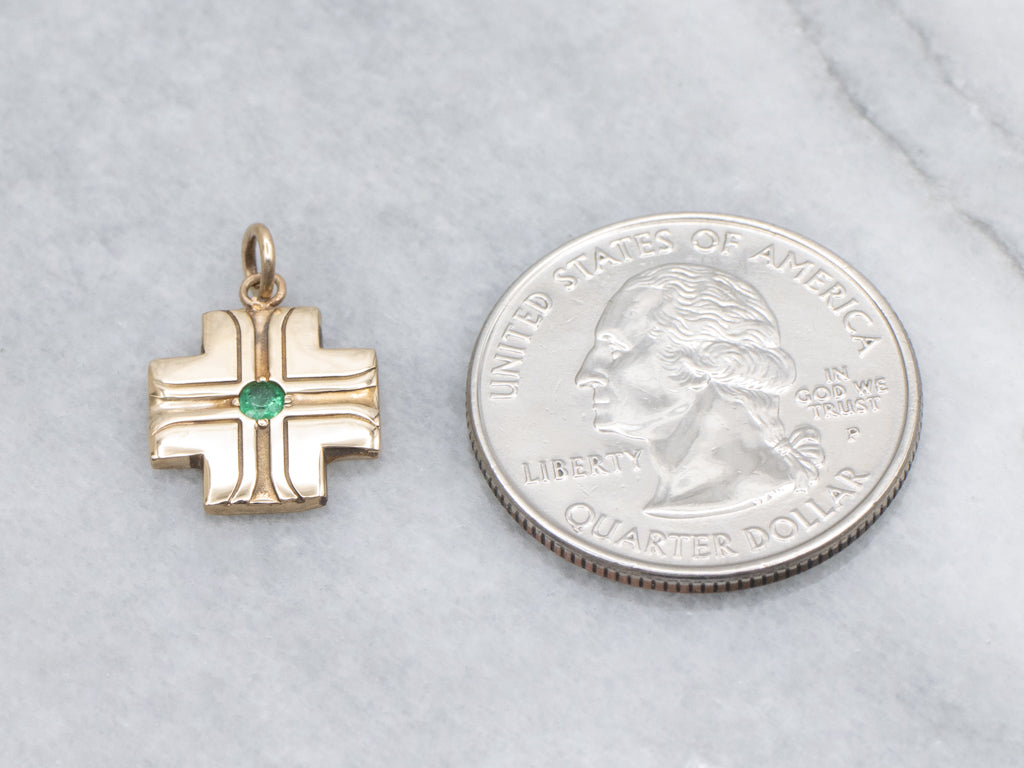 Unisex Emerald and Yellow Gold Square Cross Pendant