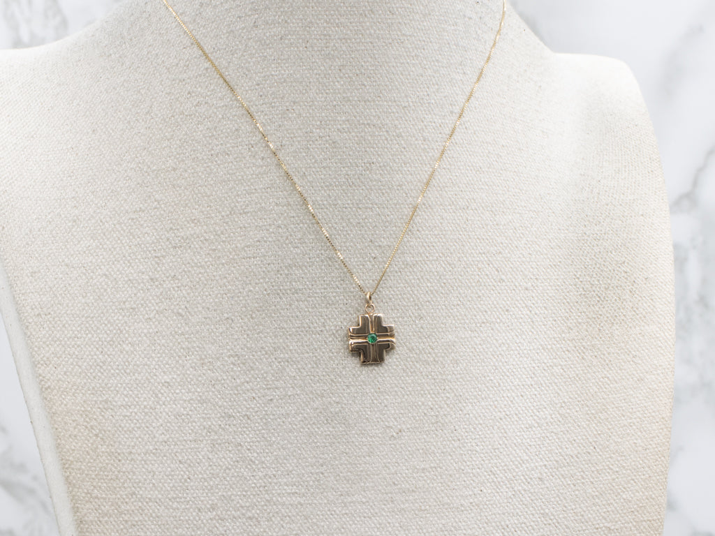 Unisex Emerald and Yellow Gold Square Cross Pendant