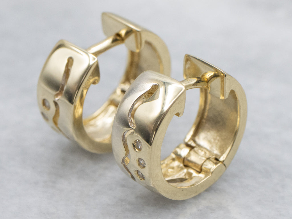 Modernist Flush Set Diamond Yellow Gold Huggie Hoop Earrings
