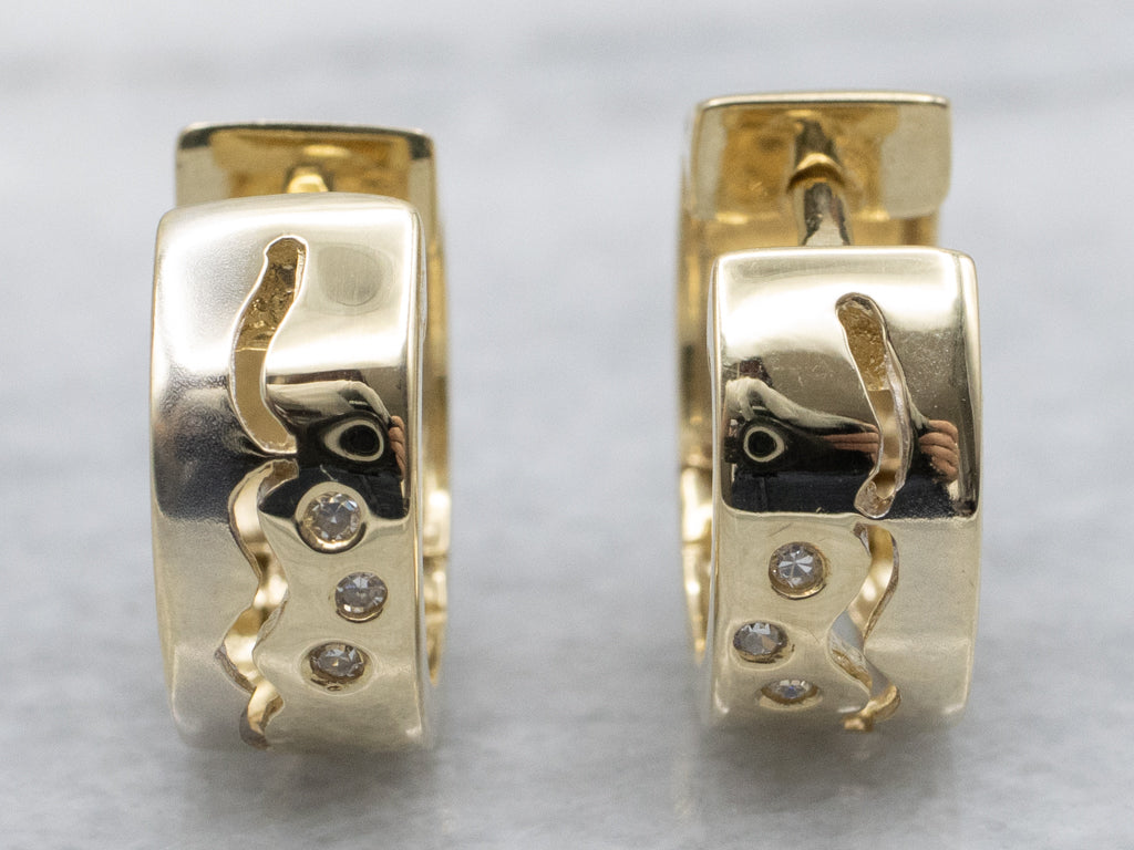 Modernist Flush Set Diamond Yellow Gold Huggie Hoop Earrings