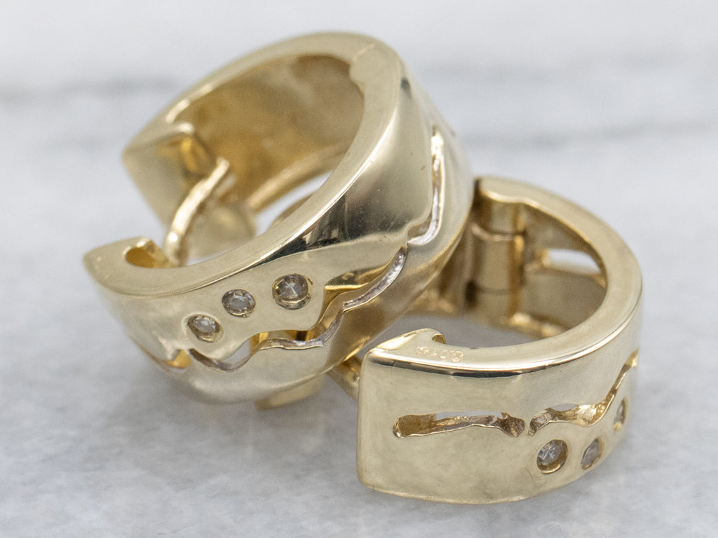 Modernist Flush Set Diamond Yellow Gold Huggie Hoop Earrings