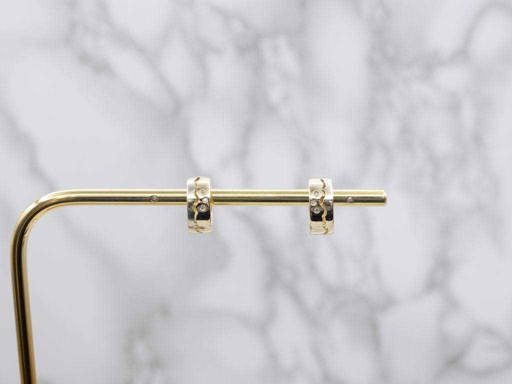 Modernist Flush Set Diamond Yellow Gold Huggie Hoop Earrings