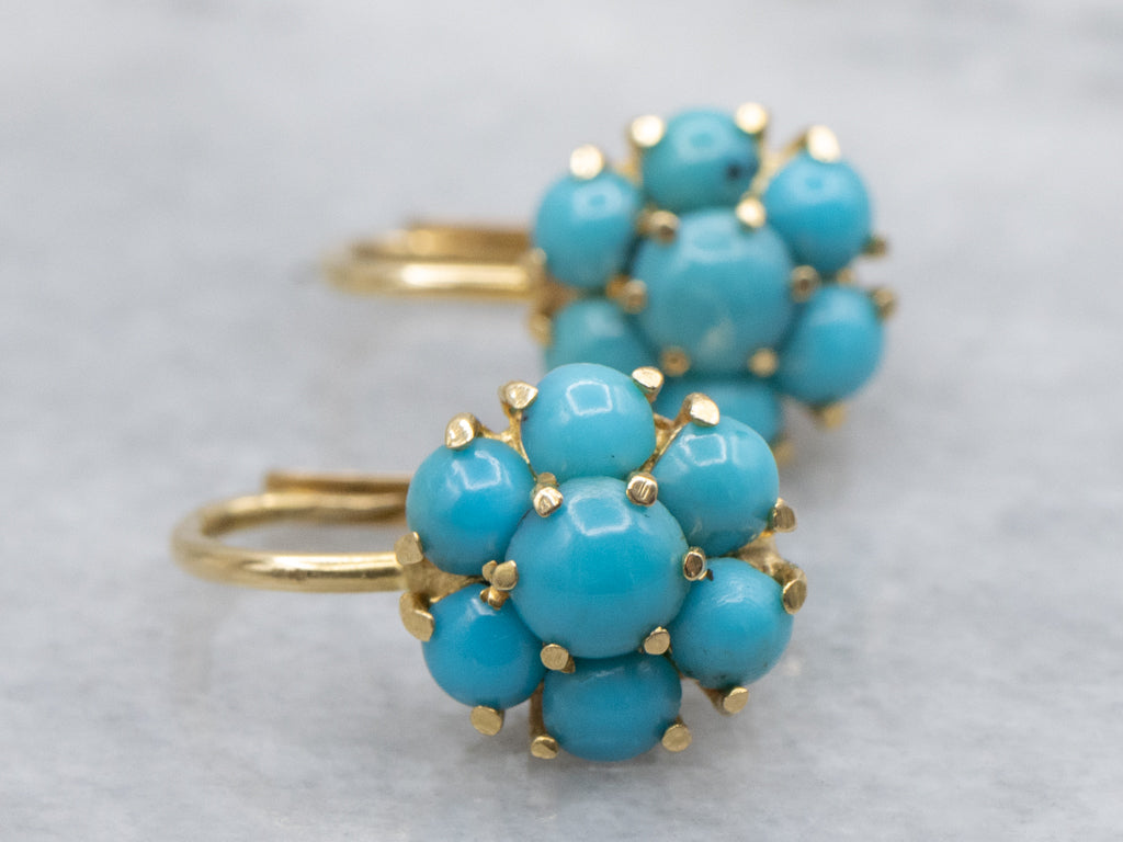 Turquoise Cluster Yellow Gold Drop Earrings
