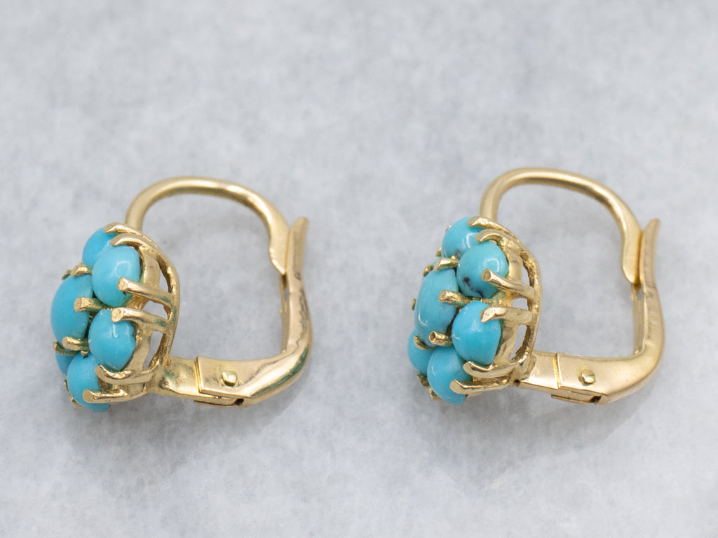 Turquoise Cluster Yellow Gold Drop Earrings